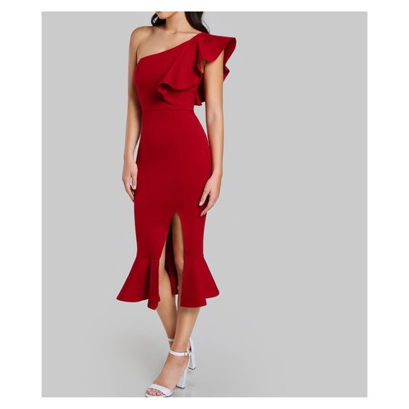 Red One Shoulder Ruffle Bodycon Midi Dress - Picture 2 of 8